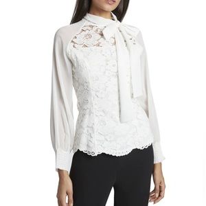 NEW Tahari ASL Women's Long Sleeve Tie-Neck Chiffon & Lace Top Ivory Large L.